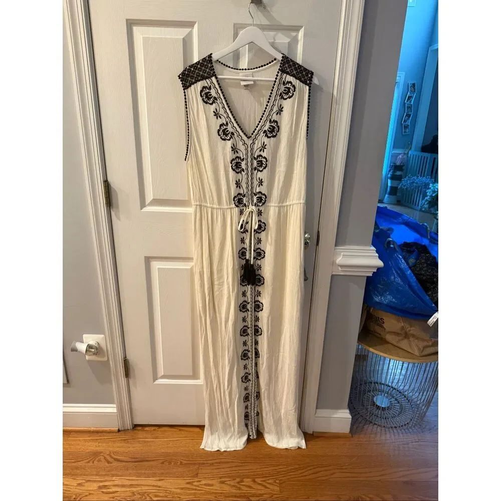 Knox Rose Cream W/Black Embroidery Gauzy Sleeveless Maxi Dress sz XXL